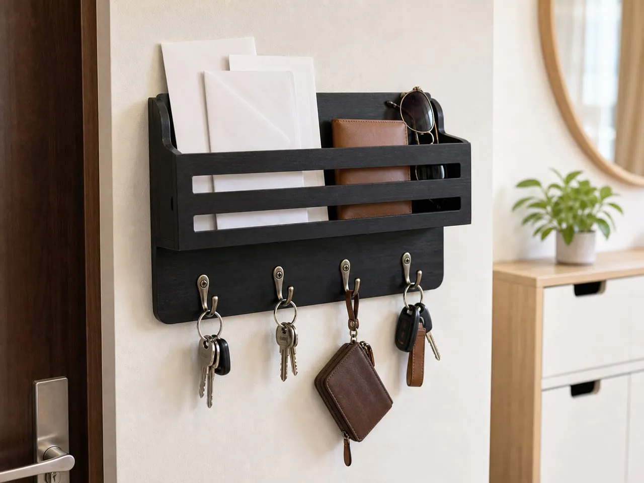 A black key and mail organizer mounted near an entryway with blank envelopes and keys