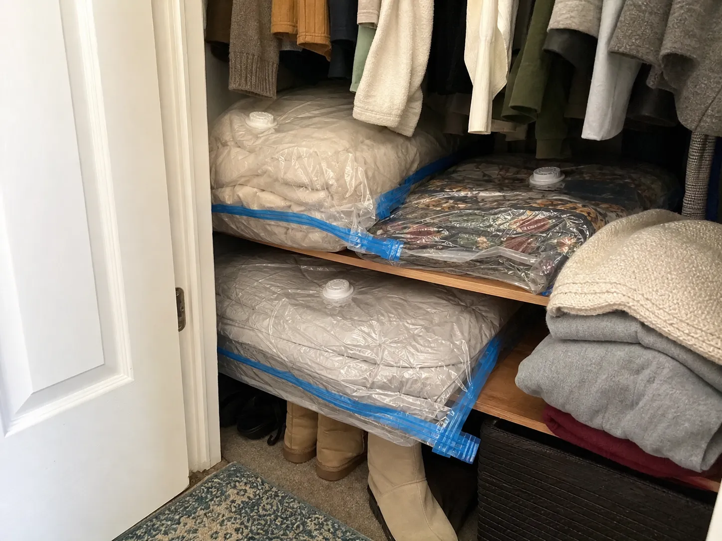 Vacuum storage bags in a closet