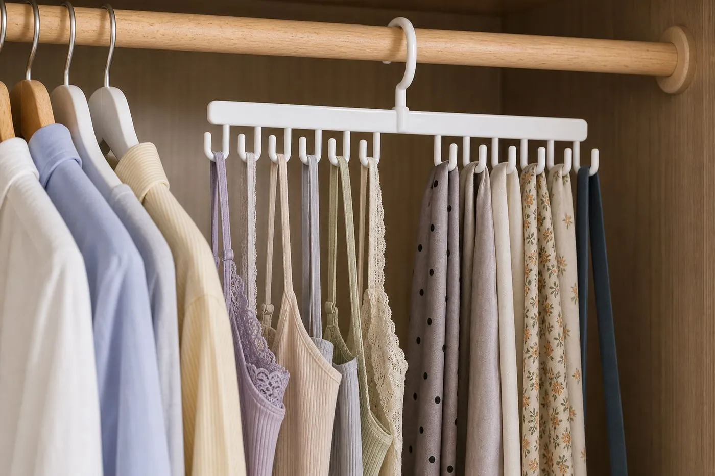 A white plastic closet accessory hook hanger on a closet rod, holding light camisoles and thin scarves with space between them