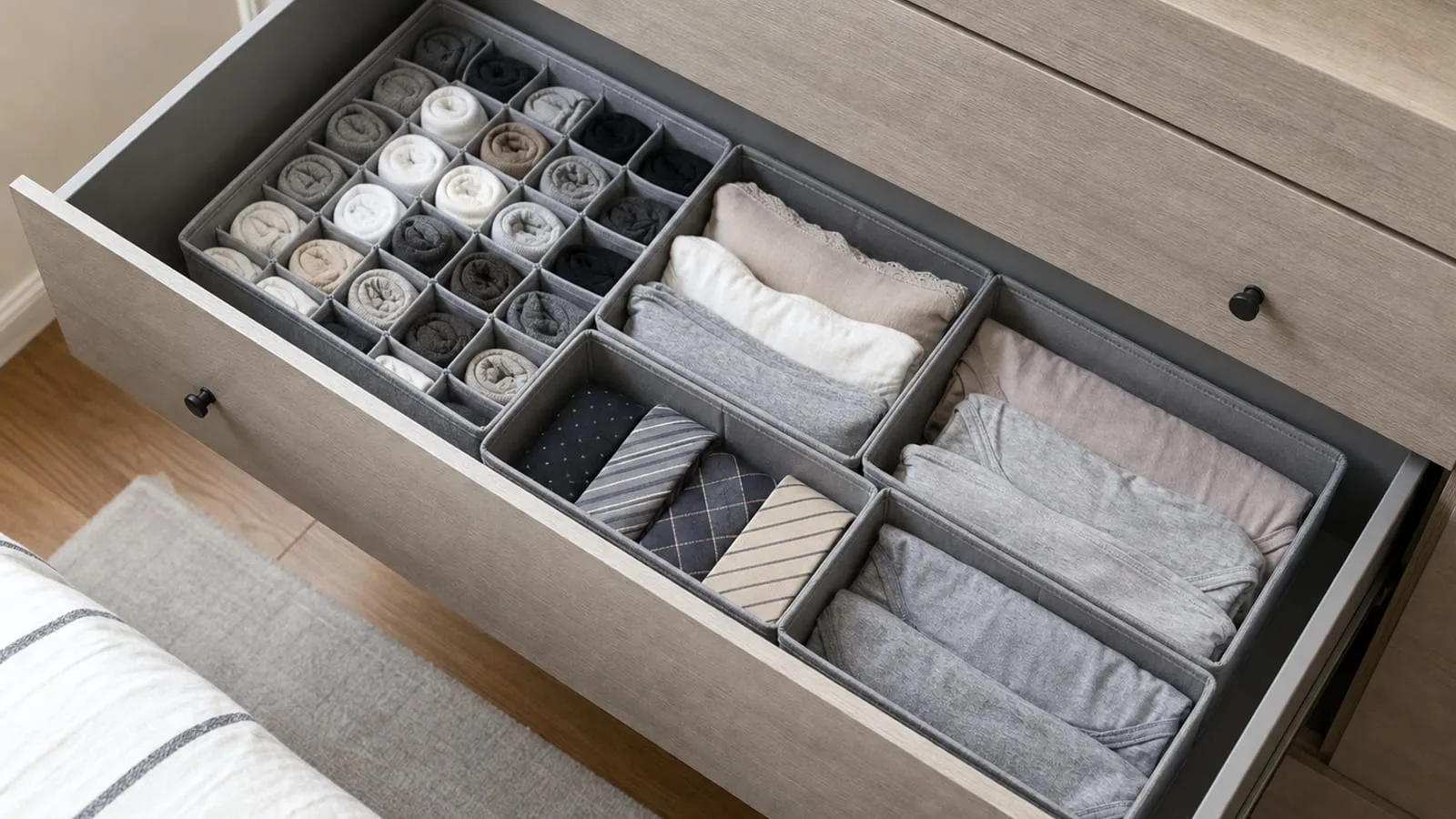 Gray fabric drawer organizers holding socks, folded underwear, and ties inside an open dresser drawer