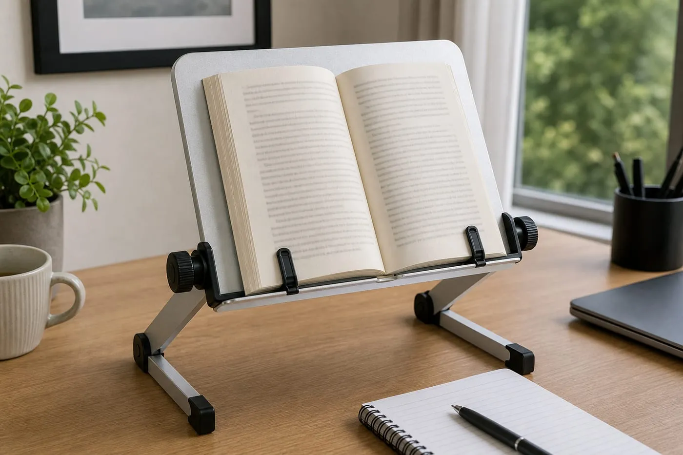 A silver adjustable book stand holding an open paperback on a desk, with black page clips, side knobs, and fold-out feet visible