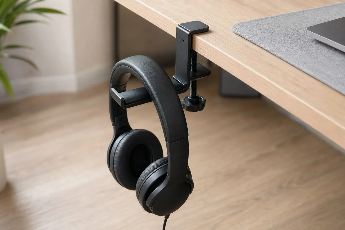 A black screw-clamp headphone hanger attached to a wooden desk edge with one headset hanging from the hook and a relaxed cable below