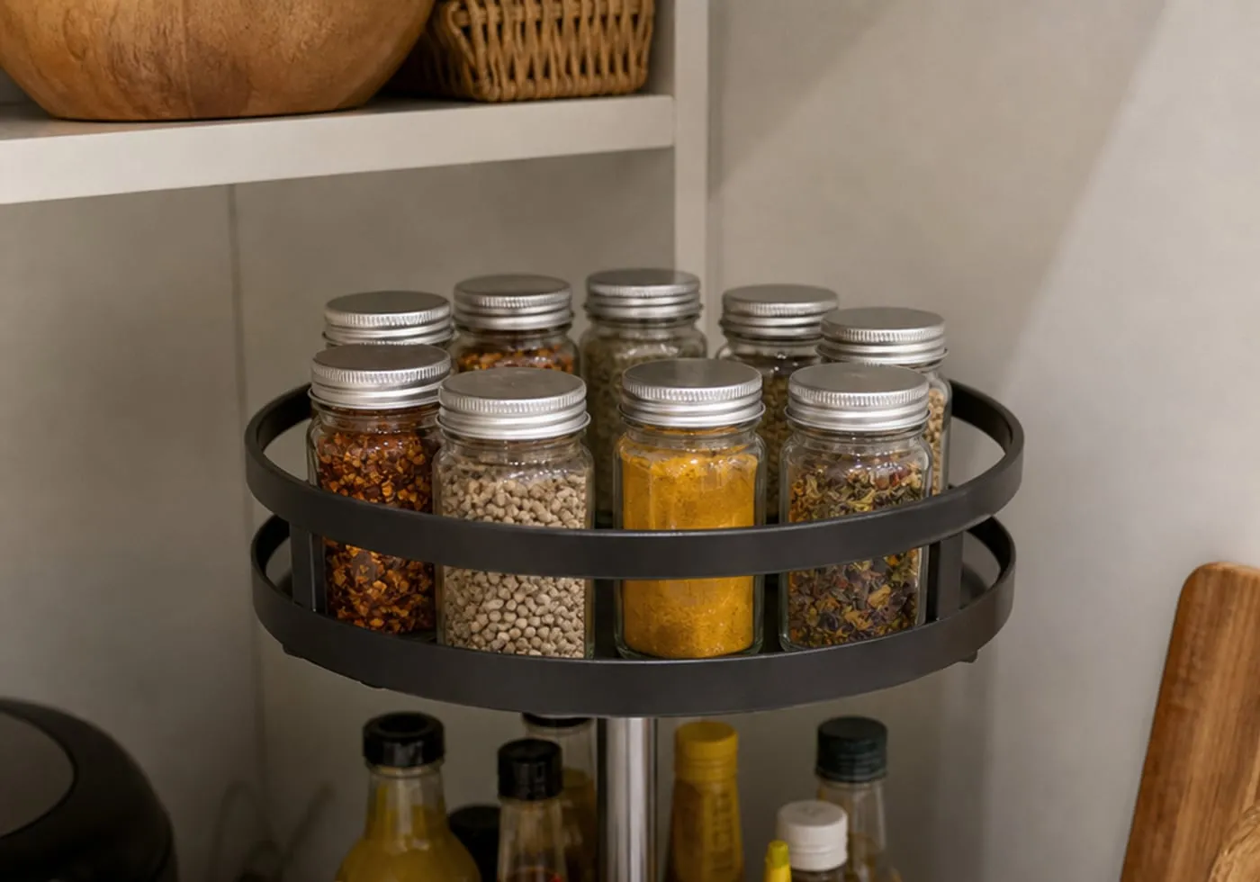 A black round multi-tier rotating organizer on a pantry shelf, holding closed spice jars and sealed condiment bottles