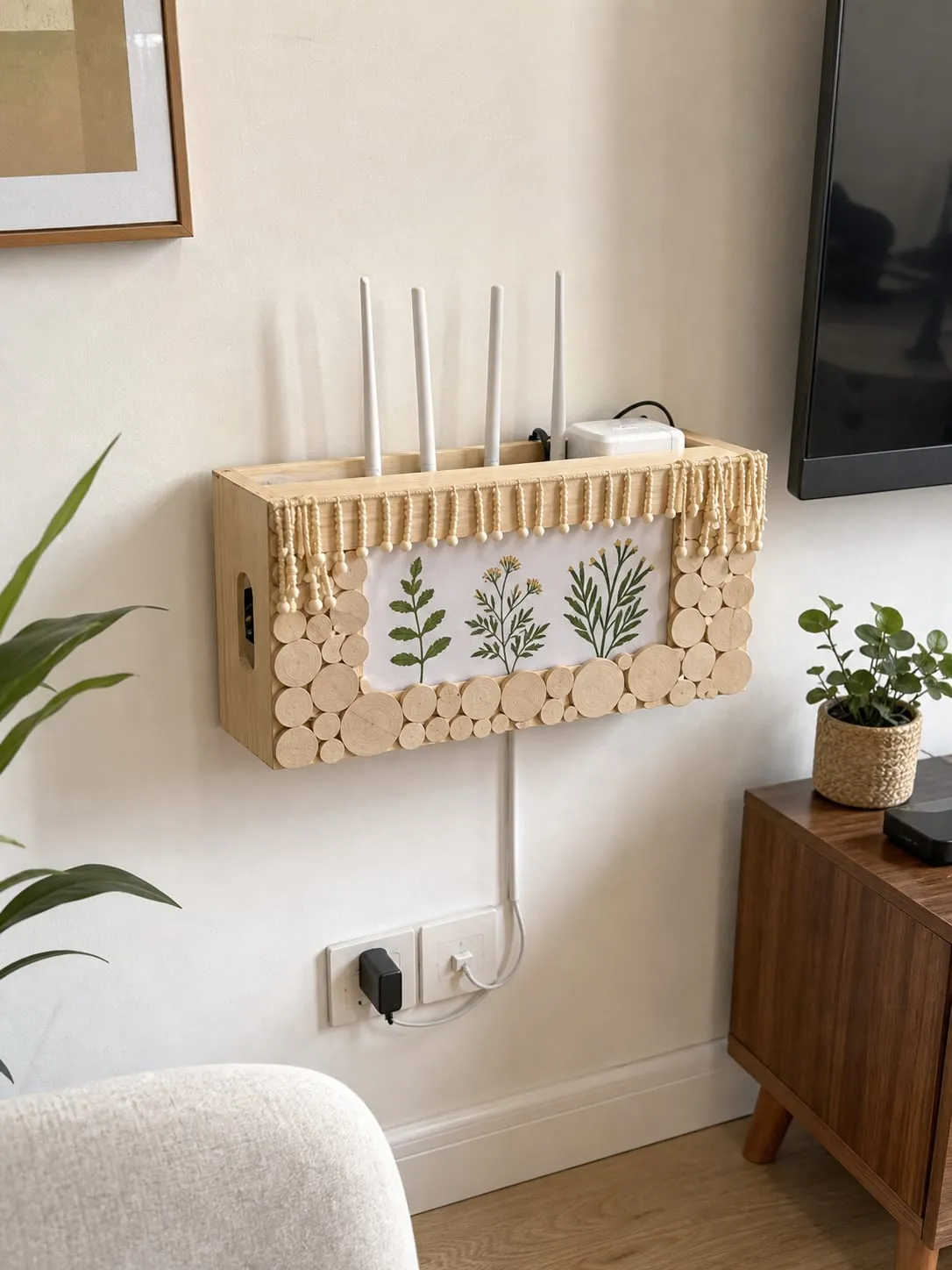 A wood-tone wall-mounted router cable box installed above an outlet