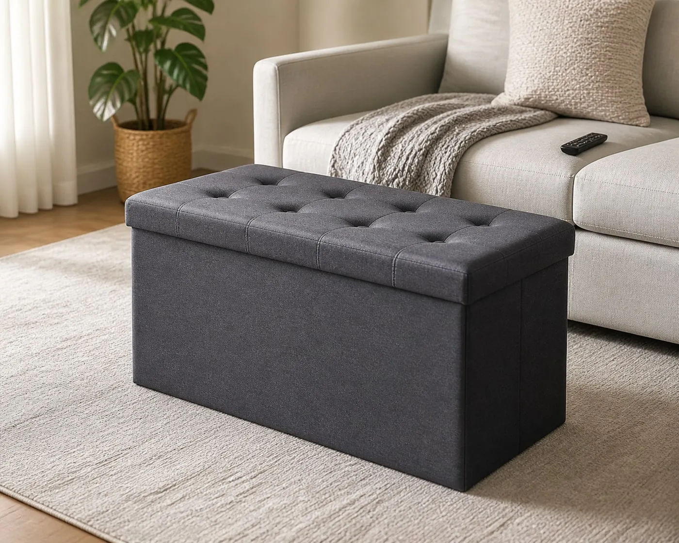 A dark gray rectangular storage ottoman with a padded button-tufted lid placed in front of a light sofa