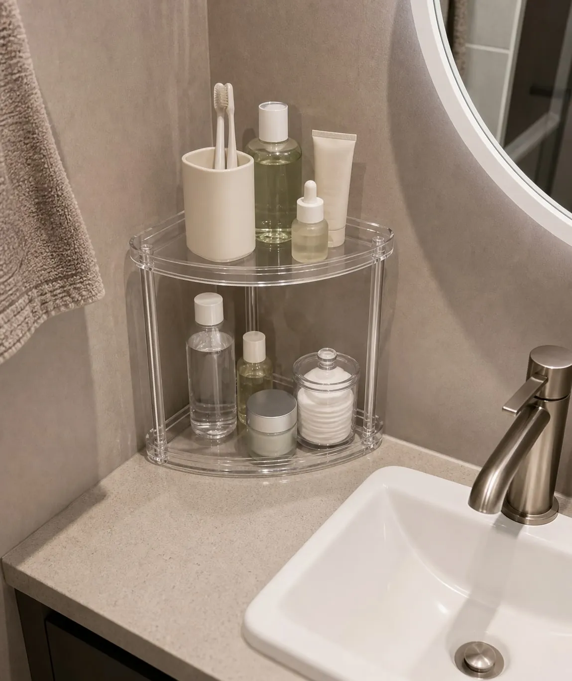 A clear acrylic two-tier corner shelf on a bathroom vanity beside a white sink with small bottles, a cup, and cotton pads