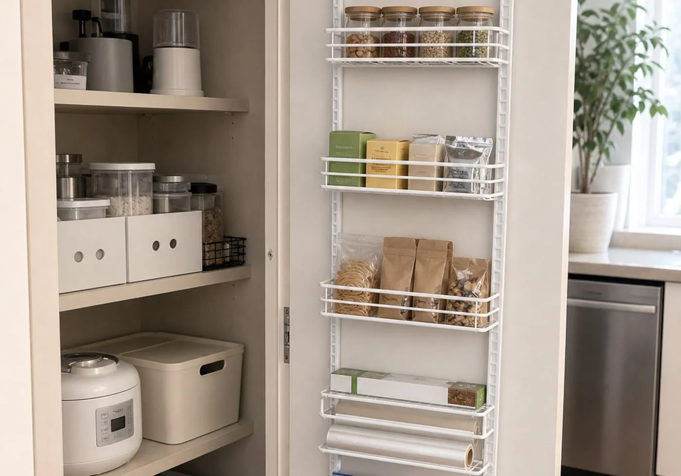 A white metal over-door pantry organizer rack hanging on the inside of a pantry door with tea boxes, snack packets, wrap rolls, and spare bags arranged in shallow baskets