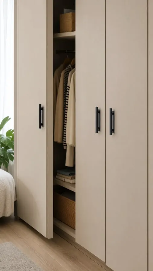 Smooth wardrobe doors with slim black adhesive pull handles installed neatly and one door slightly open