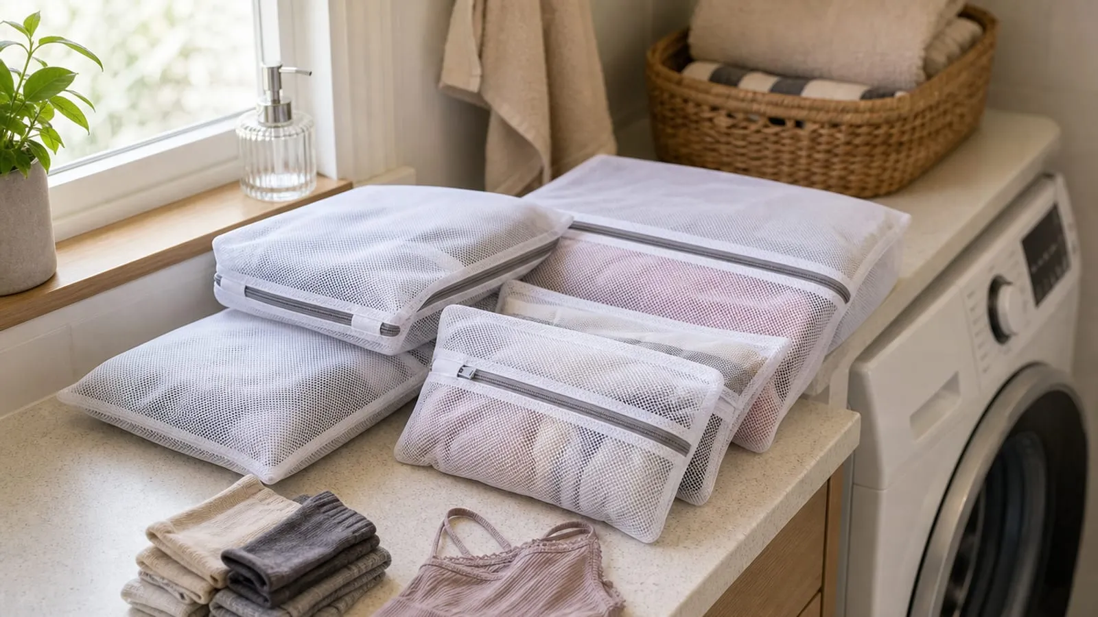 Several white zippered mesh laundry bags in different sizes on a laundry counter beside folded garments