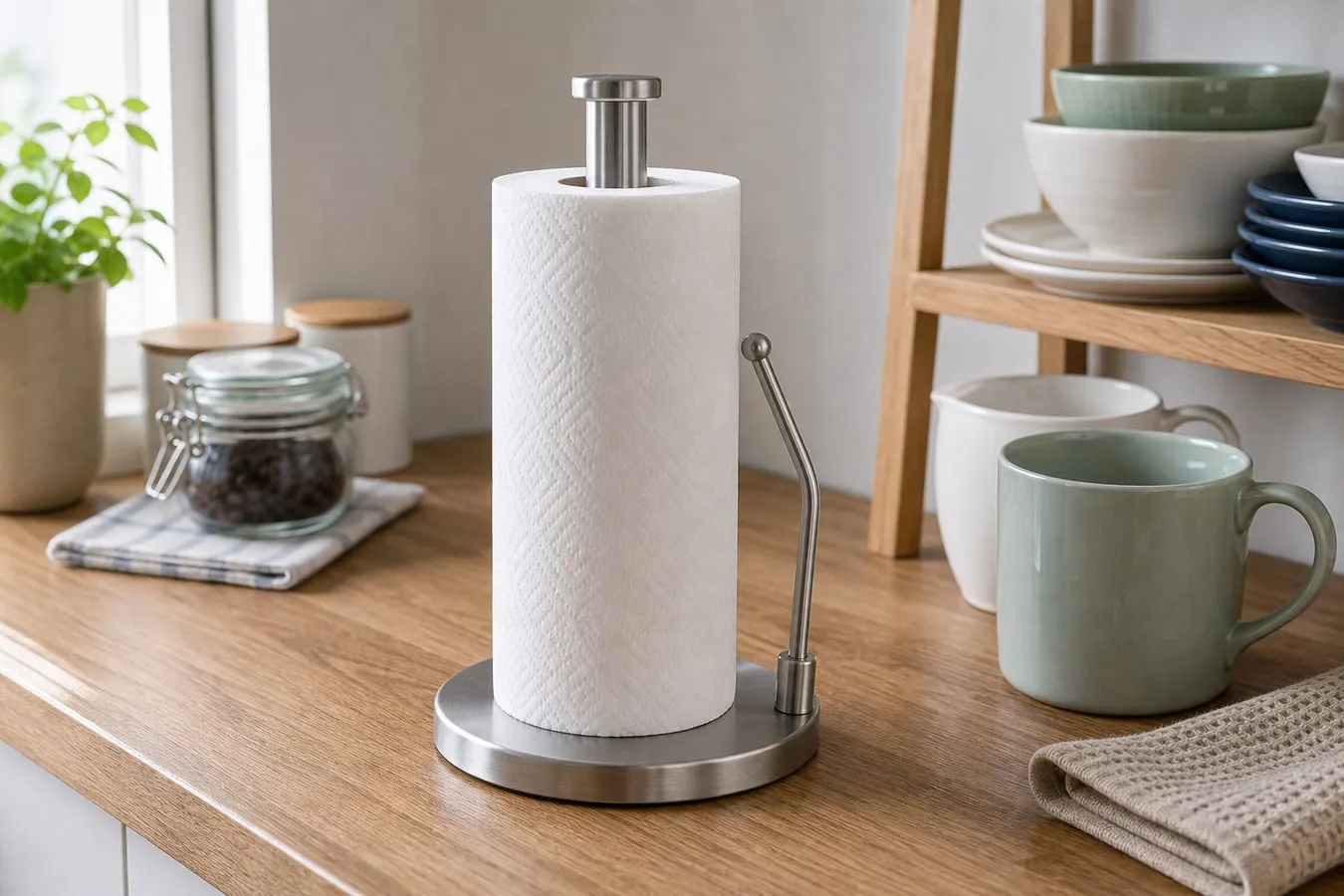 A stainless-tone standing paper towel roll holder with a round base, vertical post, and curved side support arm on a bright kitchen counter