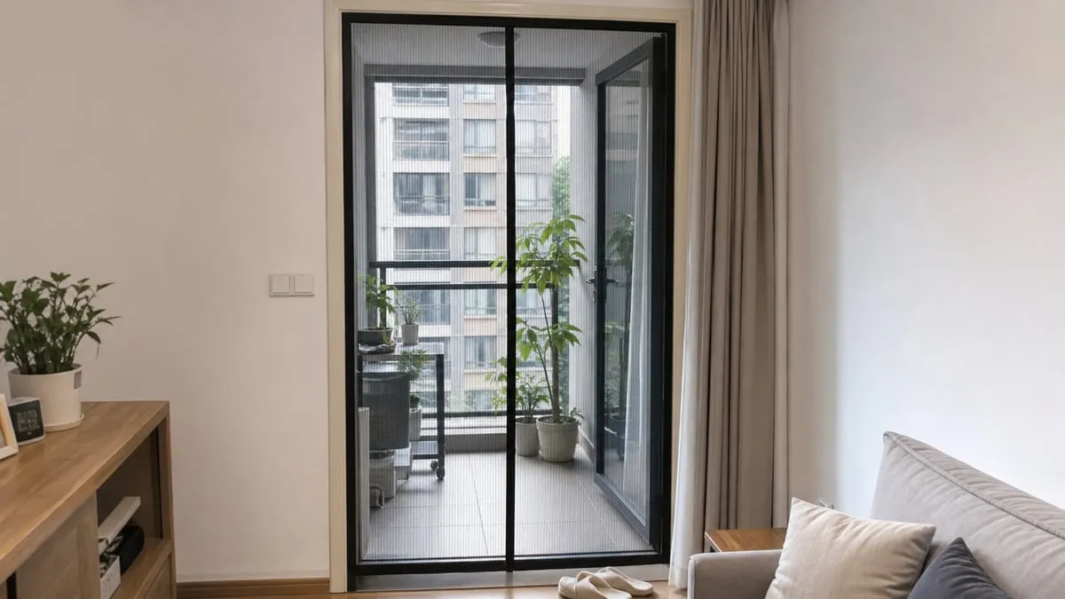 A dark magnetic mesh curtain installed on an apartment balcony door