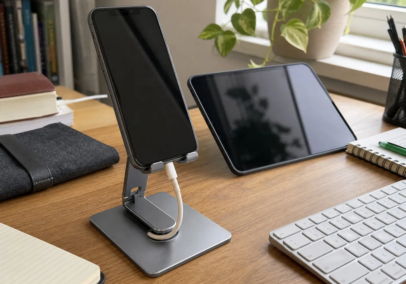 A gray foldable metal desk stand holding a phone on a wooden desk with a small tablet and keyboard nearby