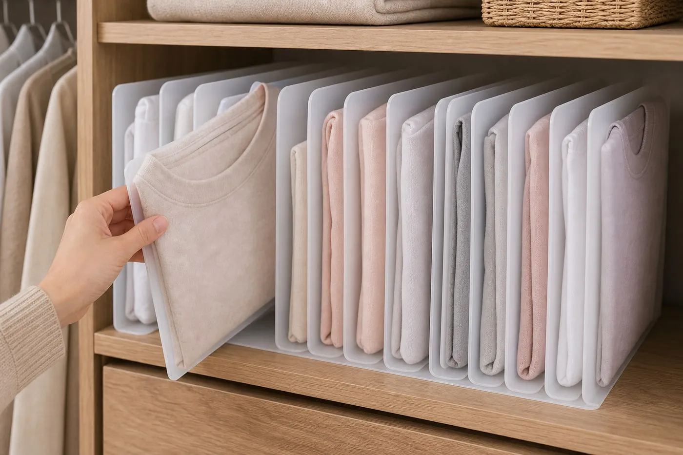 A closet shelf with translucent plastic T-shirt stacking boards holding folded light shirts in individual vertical layers
