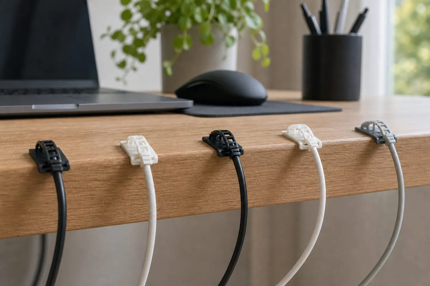 Small black and white adhesive strap-style cable clips on the rear edge of a wooden desk, guiding light cables with visible slack