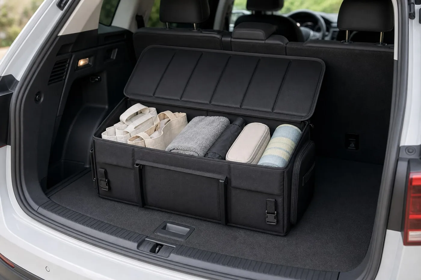 A black folding trunk organizer open in a hatchback trunk with light bags and towels inside