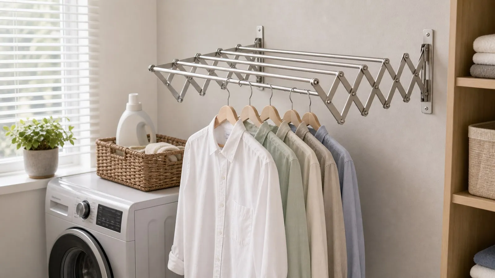 A silver folding wall clothes rail opened in a laundry room with several light shirts on hangers