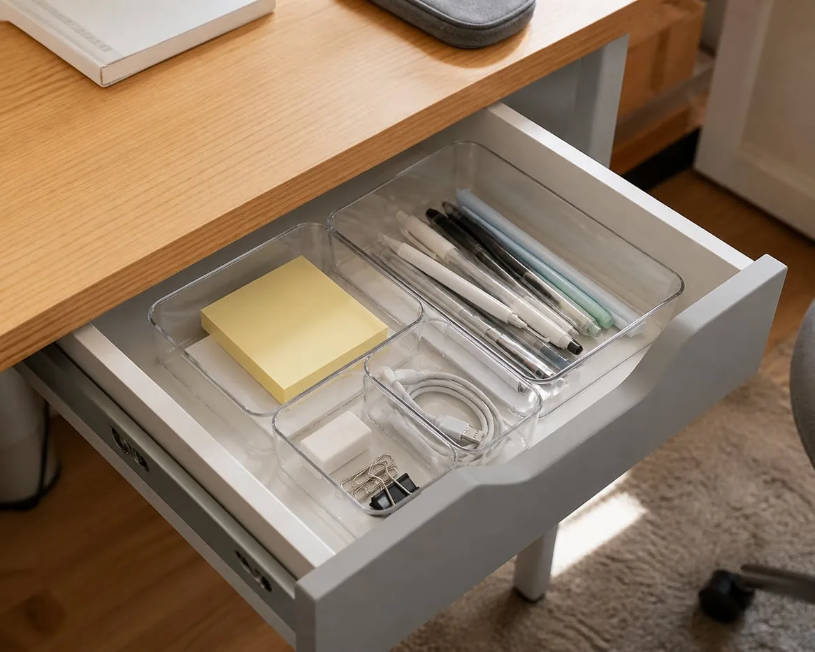 Clear drawer organizer sorting desk clutter
