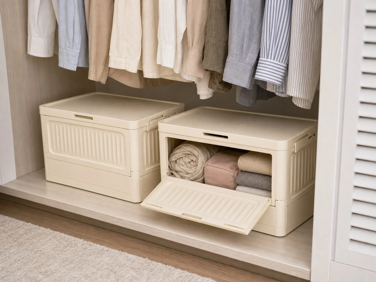 Cream folding lidded storage boxes on a lower closet shelf under hanging shirts, one front panel open with light fabric items inside