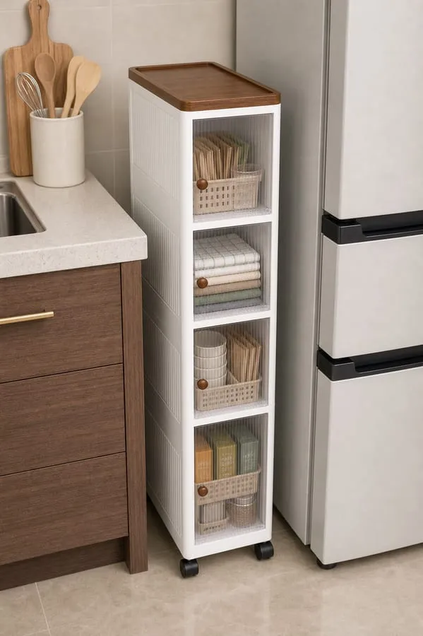A tall narrow white rolling storage cabinet placed between a refrigerator and kitchen cabinet, with light dry packets and cloths visible behind translucent fronts