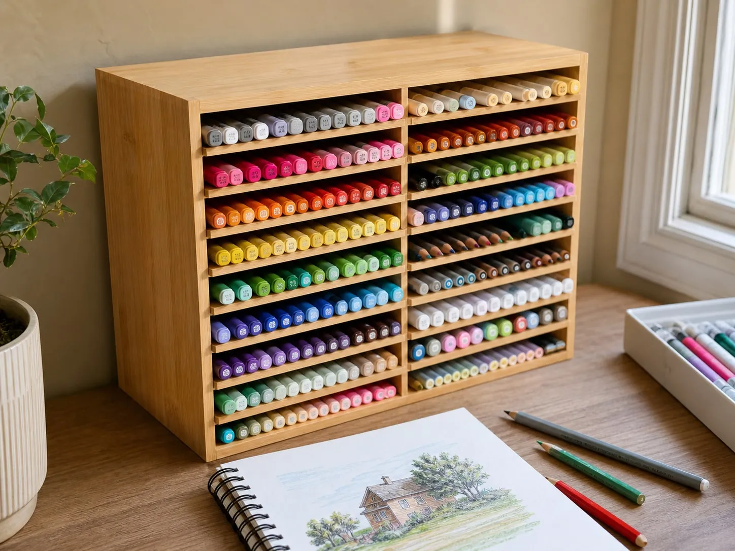 Bamboo marker organizer on an adult craft desk near a window, filled with markers and colored pencils stored horizontally