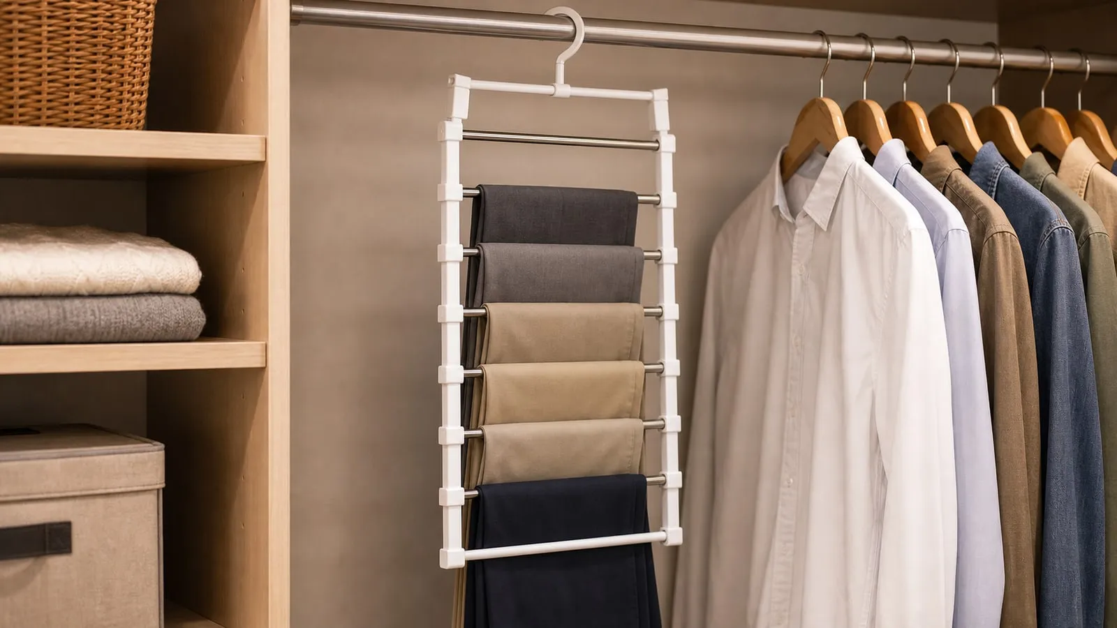 A white multi-layer pants hanger hanging from a closet rod with several folded trousers