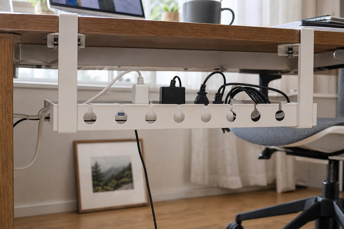 Clamp-mounted under-desk cable tray with power strip and cable loops