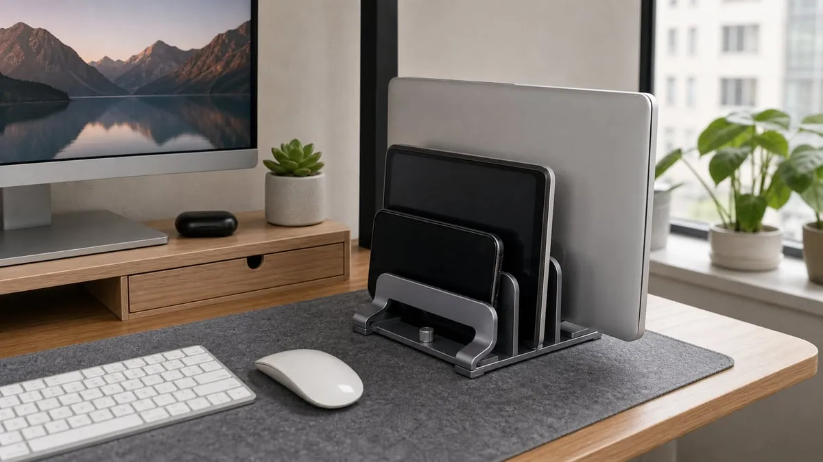 A gray aluminum triple-slot vertical laptop stand beside an external monitor