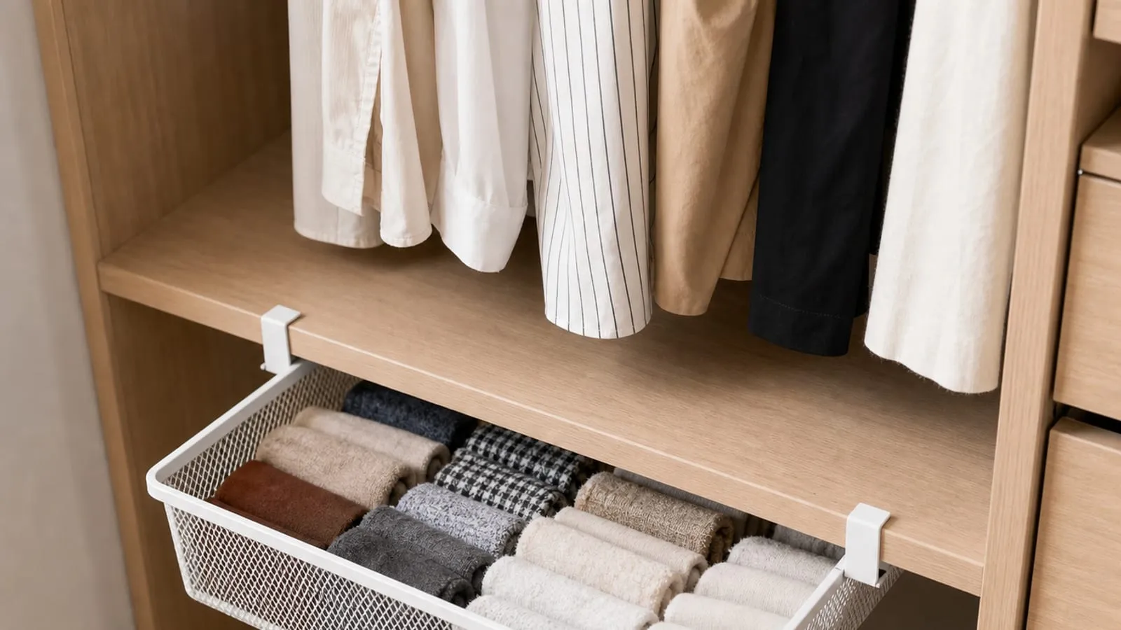 White mesh pull-out basket hanging under a closet shelf with socks, scarves, and small towels inside