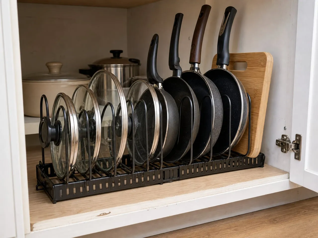 A black adjustable pot lid and pan rack holding lids and pans inside a lower cabinet