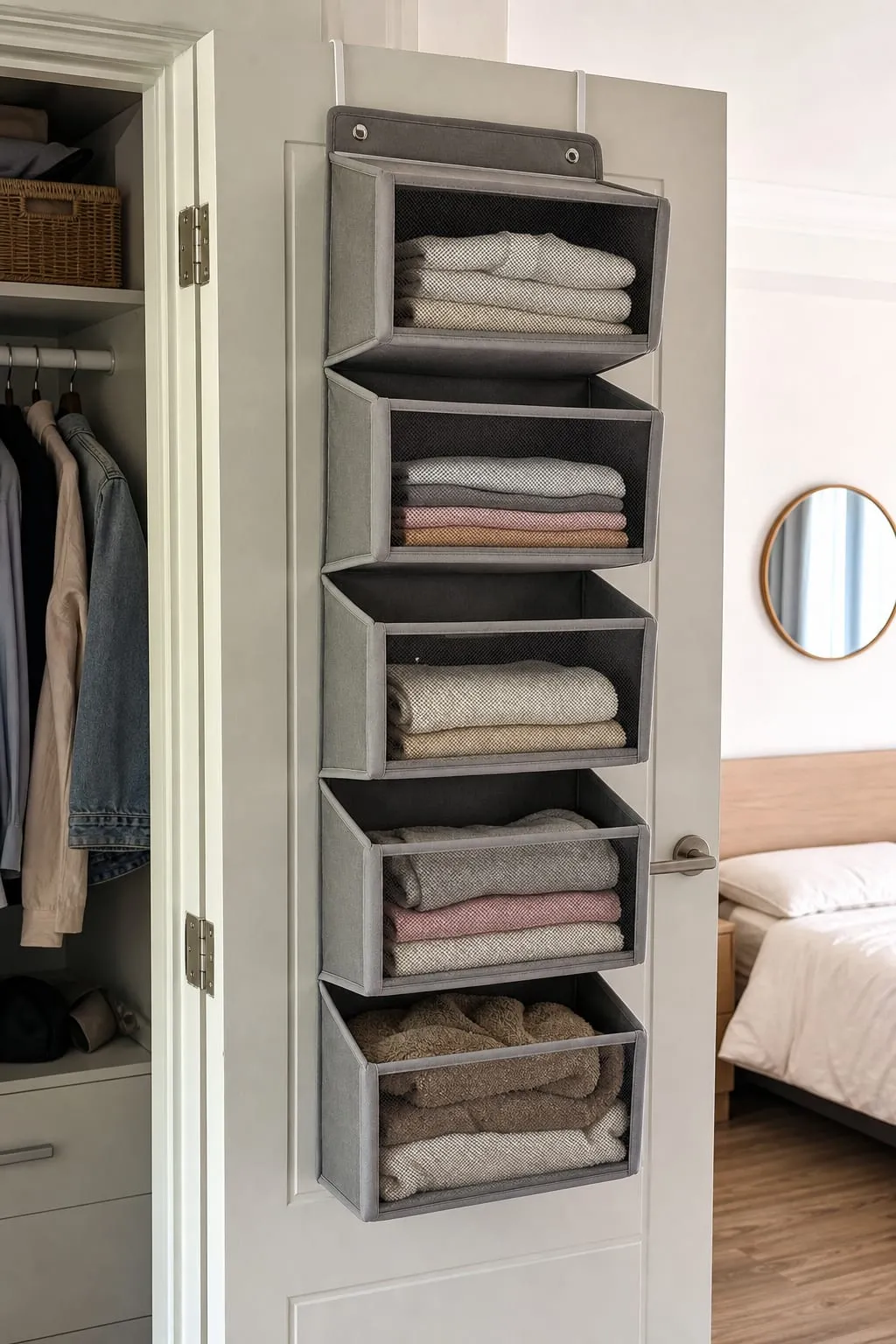 A gray five-tier over-door storage organizer installed behind a bedroom door