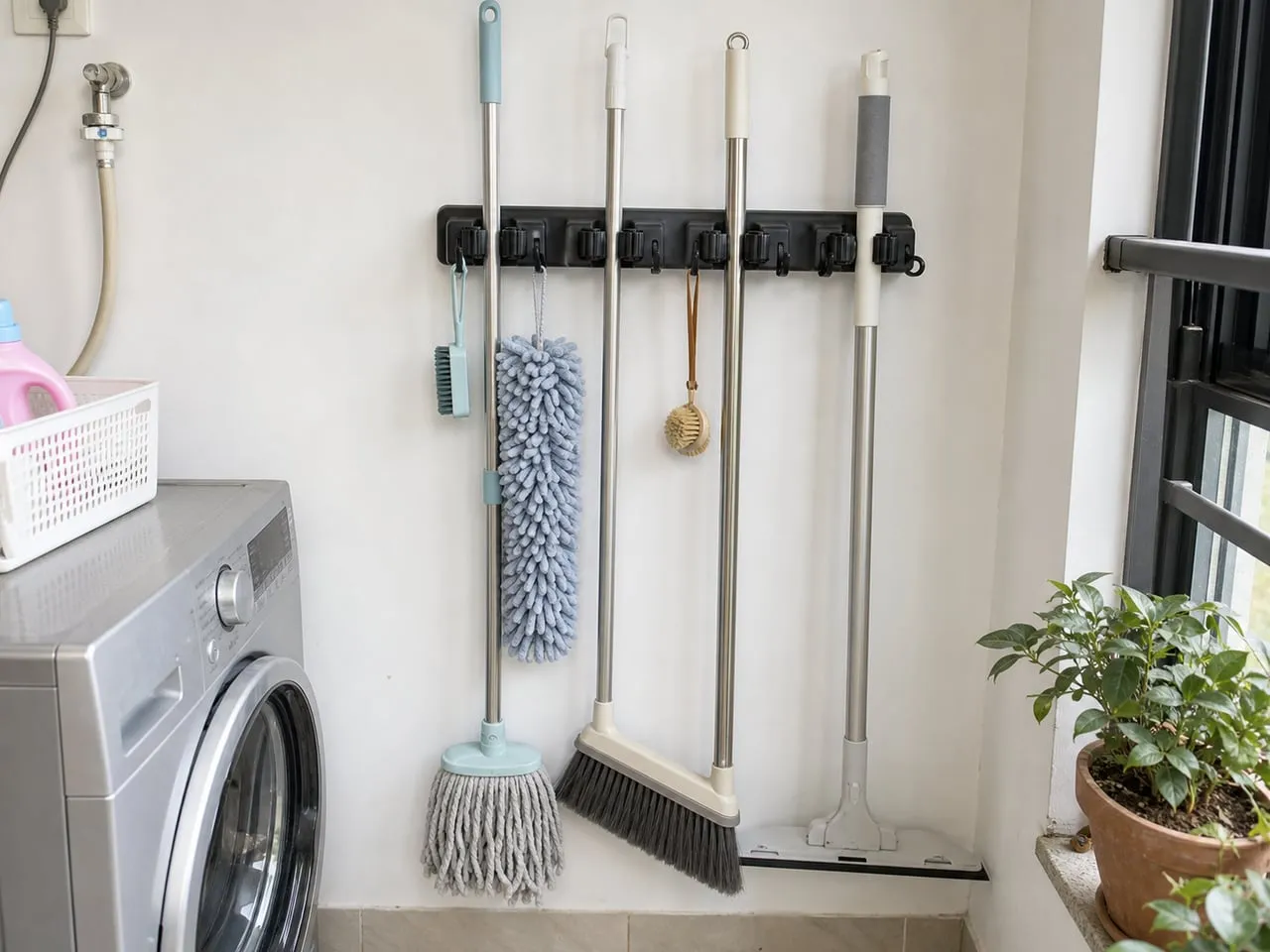 A black wall-mounted mop and broom holder installed in a laundry corner