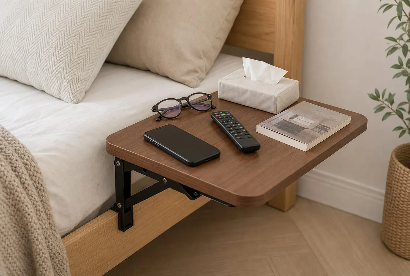 A wood-tone clip-on bedside shelf attached to a bed frame, holding a phone, glasses, remote, tissues, and a thin paperback