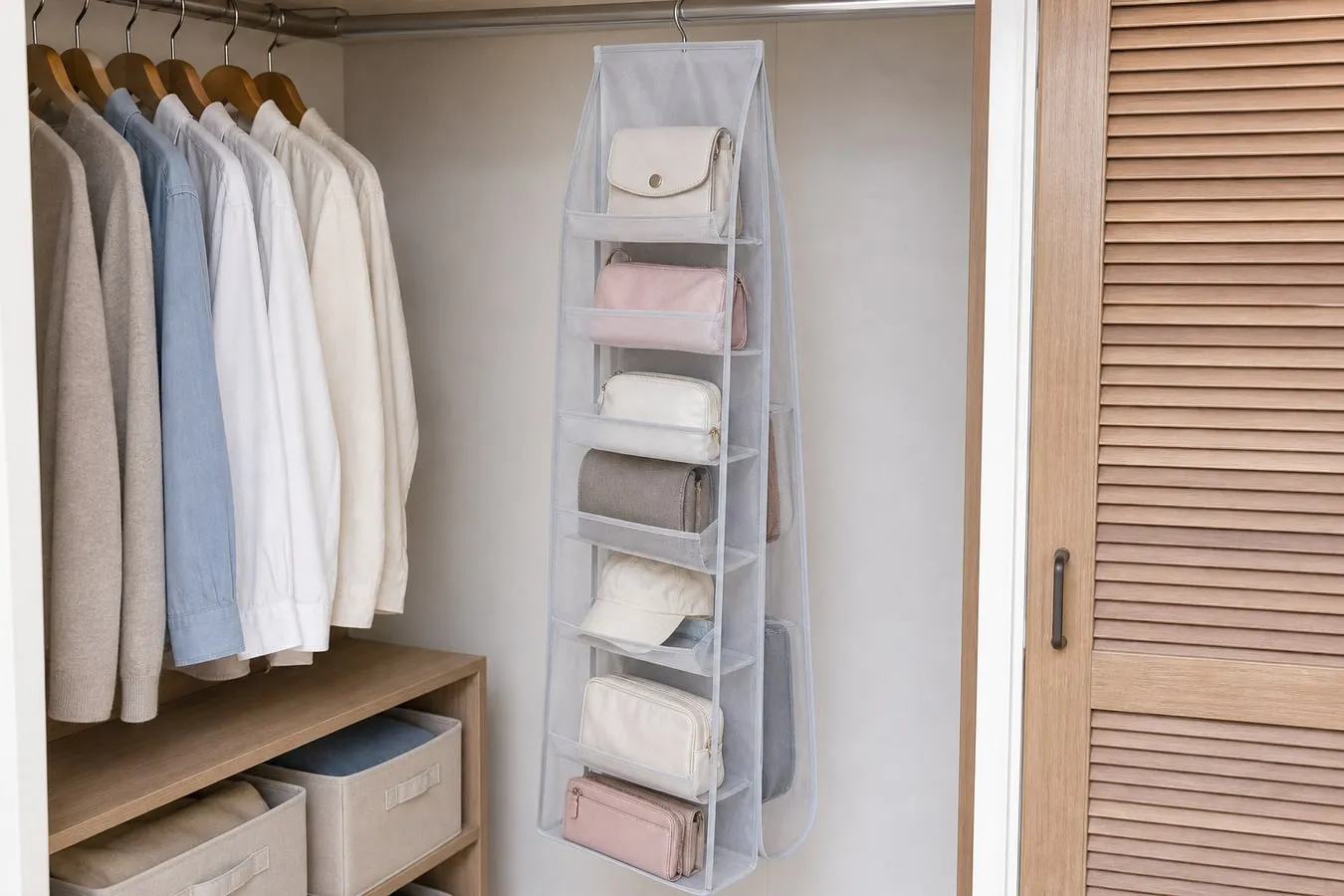 Light gray hanging handbag pocket organizer on a closet rod with small bags and pouches separated in soft pockets