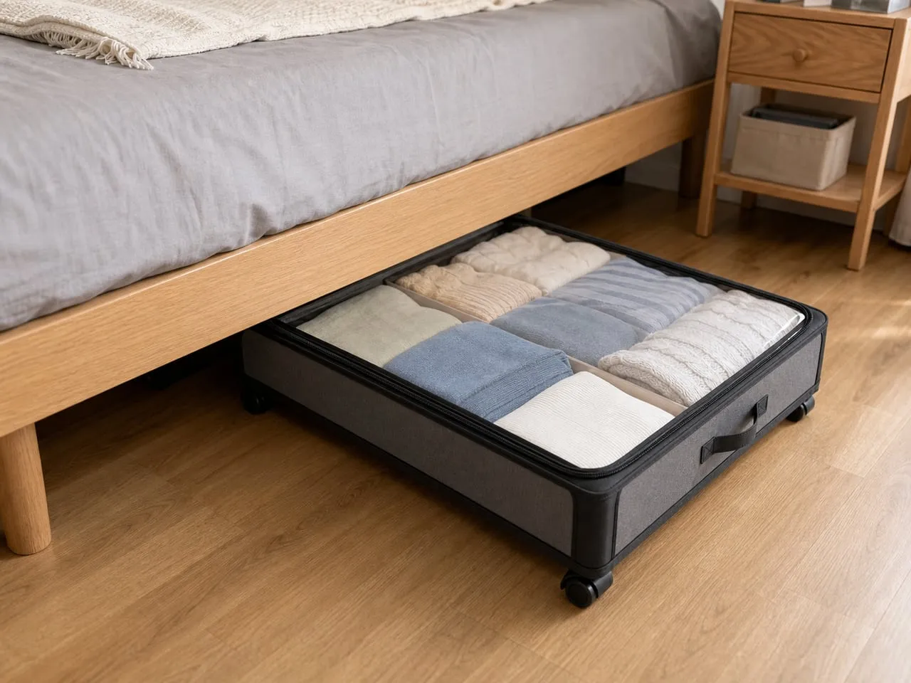 A black wheeled under-bed storage box pulled partly out from under a wooden bed