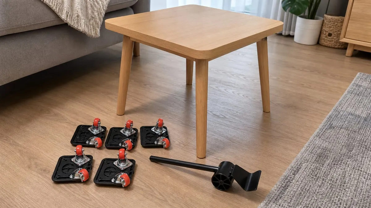 Black furniture moving sliders and a lifter lever beside a small table