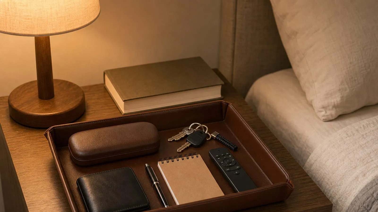 Brown faux-leather valet tray on a nightstand holding a glasses case, keys, wallet, pen, notebook, and remote