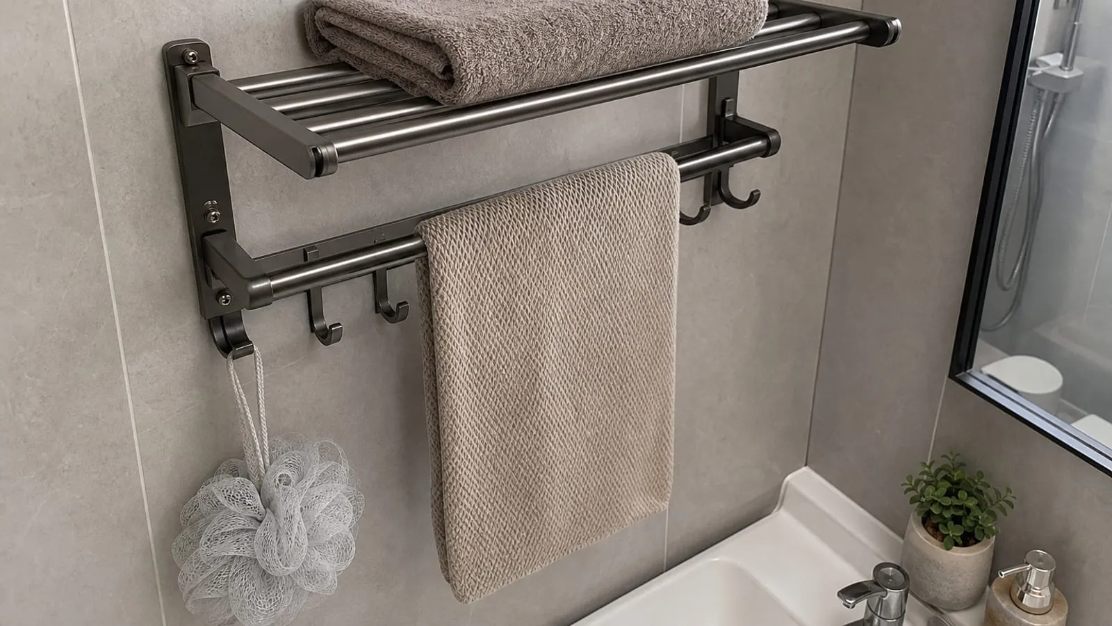 A gunmetal towel rack shelf mounted on a gray bathroom tile wall with a folded towel and hand towel