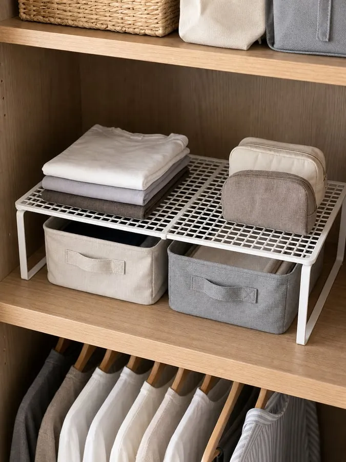 A white adjustable grid shelf riser inside a wardrobe shelf with folded T-shirts, soft pouches, and small fabric bins split into two light layers