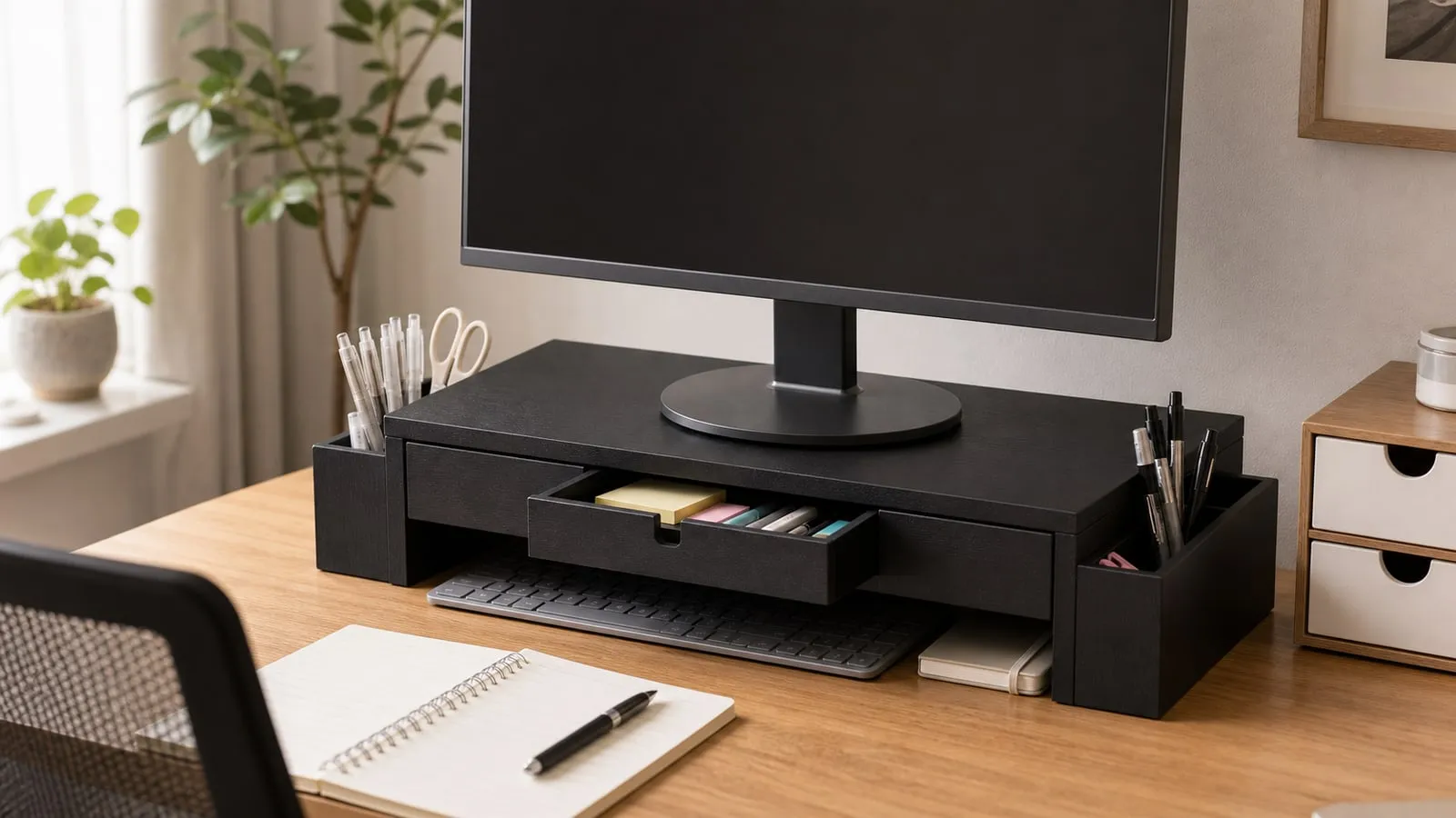 A black monitor riser with a drawer under a monitor, with a keyboard tucked underneath