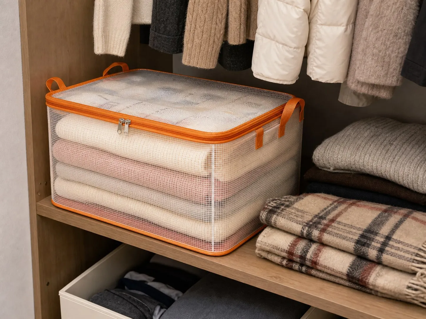 Transparent zipper wardrobe storage bag on a closet shelf with folded sweaters and a thin blanket visible inside