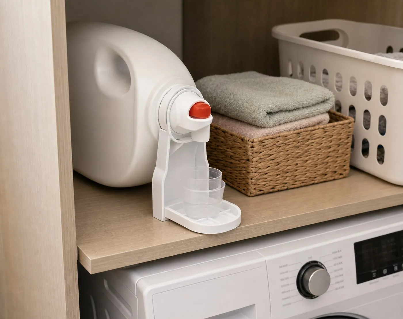 A large unbranded liquid detergent jug on a laundry shelf with a white cup holder attached near the spout and an empty measuring cap on the lower tray