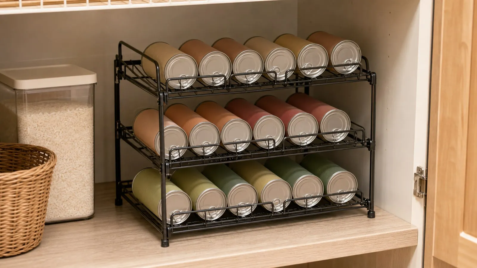 A dark 3-tier wire can organizer rack holding sealed cans on a pantry shelf