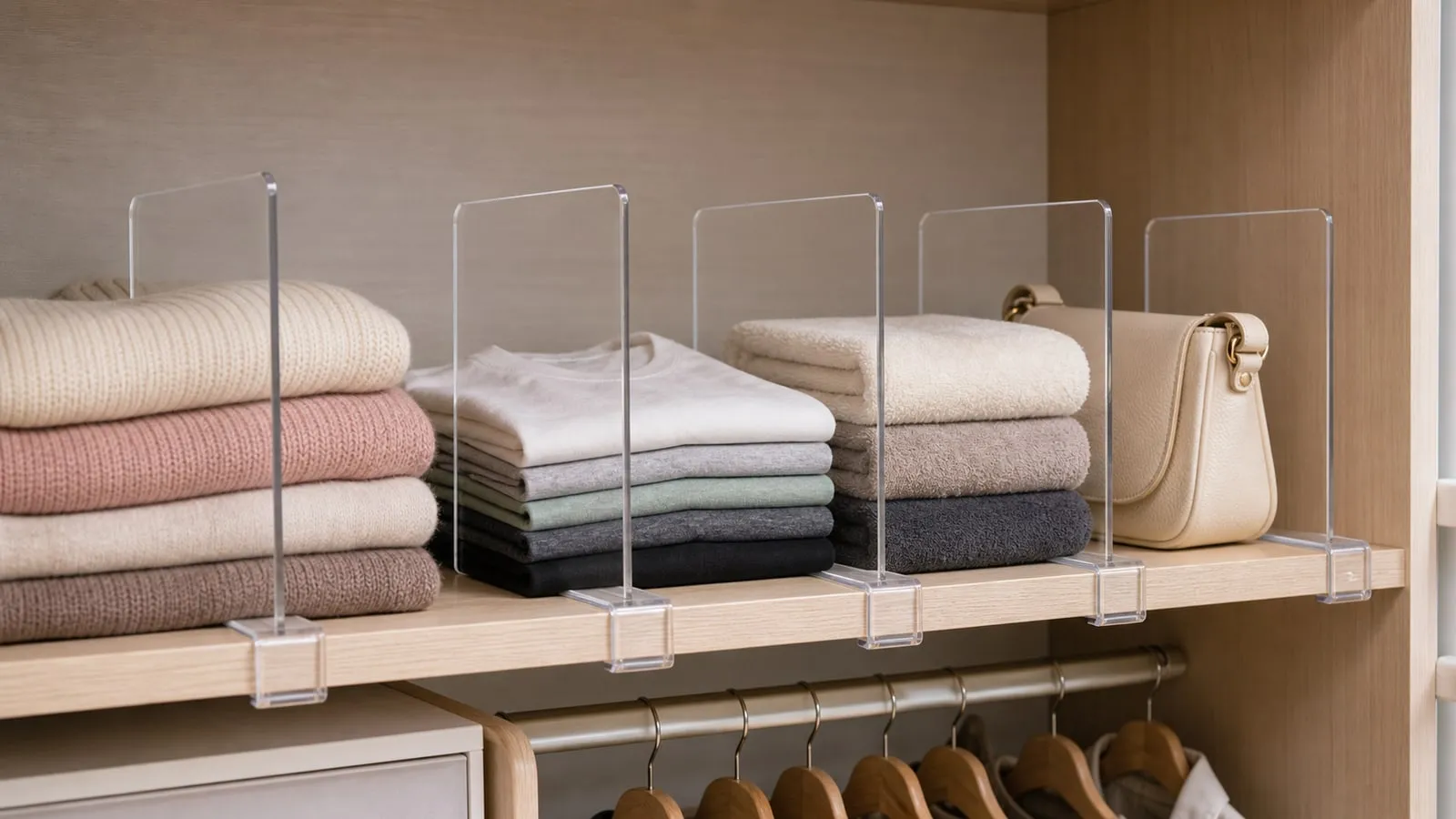 Clear shelf dividers clipped to a wardrobe shelf separating folded clothes and a small bag