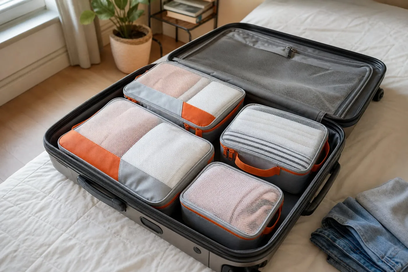 Packing cubes sorted inside a suitcase