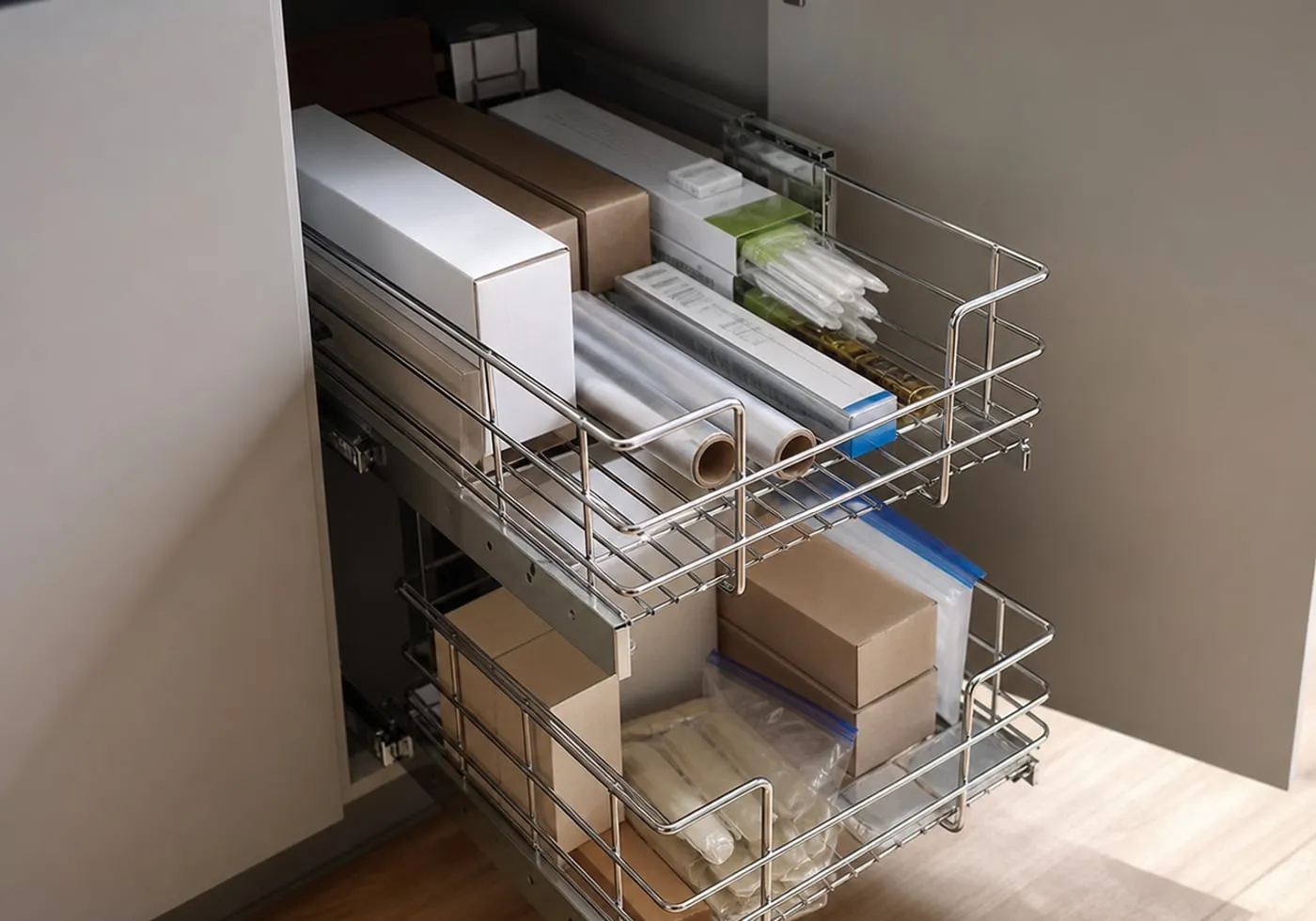 A chrome two-tier wire sliding basket pulled forward from a deep kitchen base cabinet, holding plain boxes, wrap rolls, spare bags, and neutral packets
