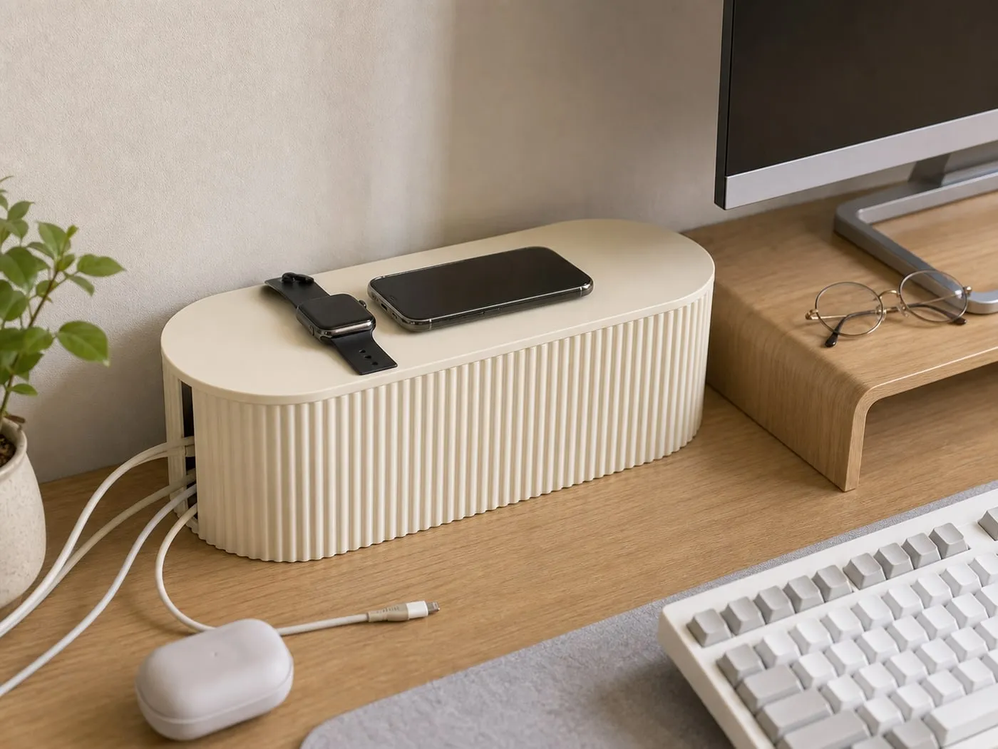 A cream ribbed oval desktop cable organizer box beside a monitor and keyboard with charging cables routed through the side opening