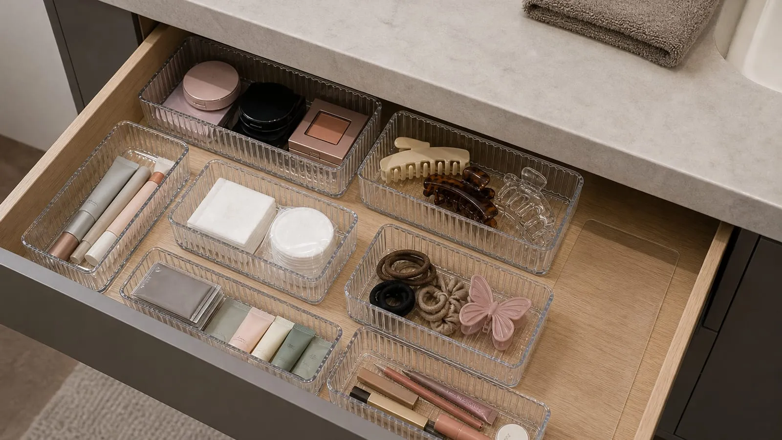 A vanity drawer organized with clear ribbed trays holding hair ties, clips, cotton pads, and closed compact cases