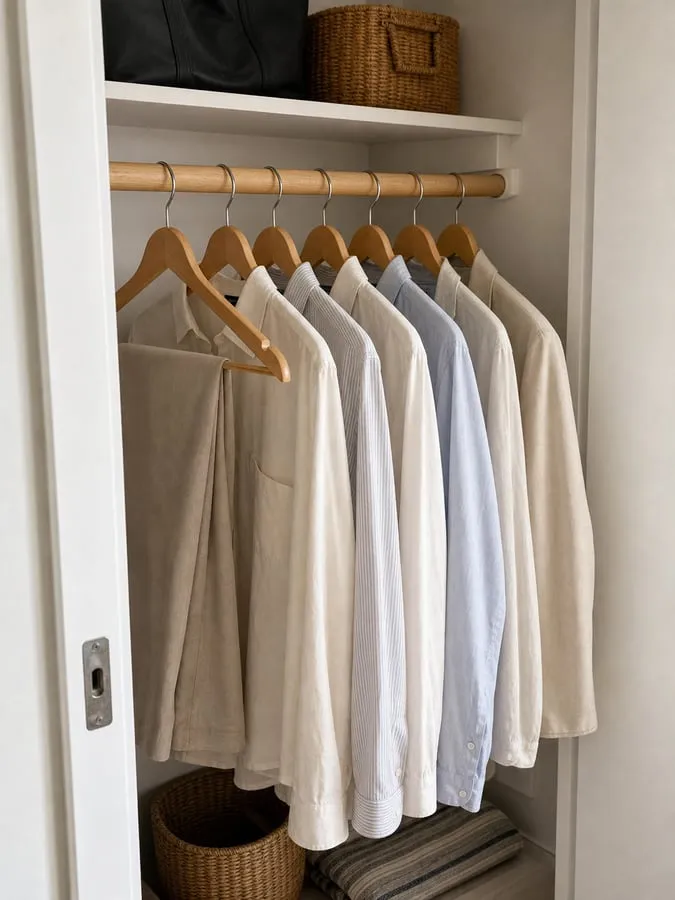 Natural wood hangers lined up on a round closet rod with shirts, a light jacket, and folded trousers