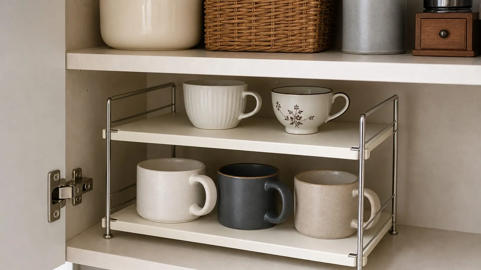 Two-tier cup shelf rack with cream panels and chrome rails inside a kitchen cabinet, separating mugs on upper and lower levels