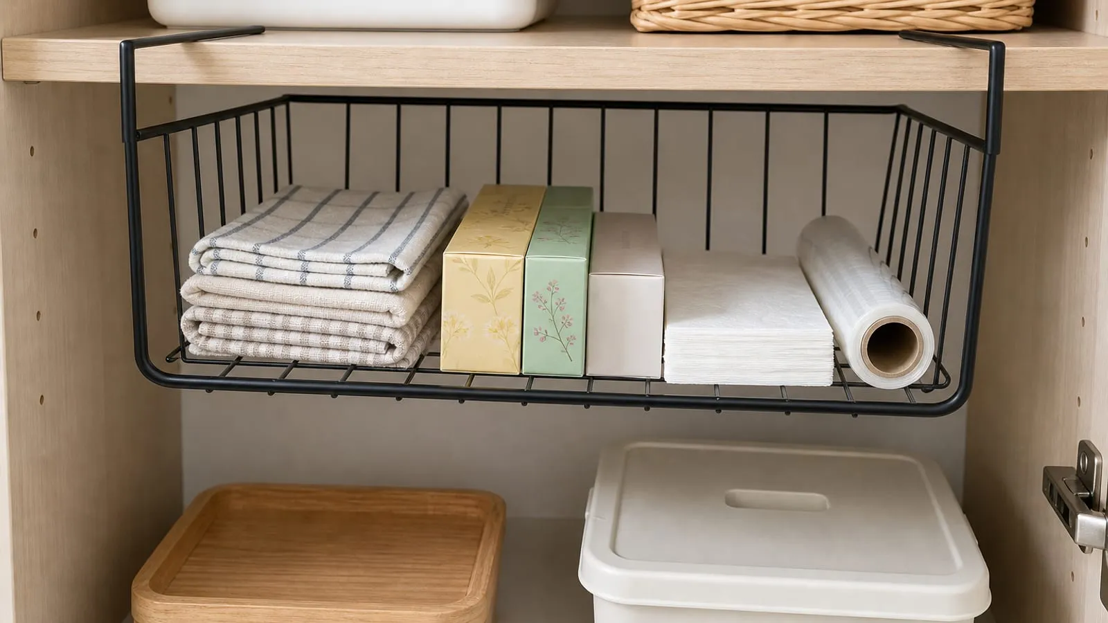 A black wire under-shelf basket holding light cloths, tea boxes, and food wrap in a kitchen cabinet